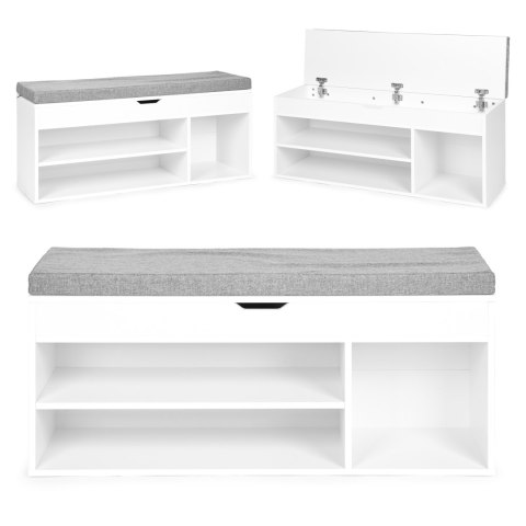 Szafka na buty z szarą poduszką i otwieranym siedziskiem 3 półki biała ModernHome Szafka na buty z szarą poduszką i otwieranym siedziskiem 3 półki biała ModernHome