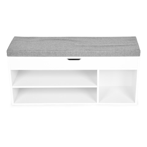 Szafka na buty z szarą poduszką i otwieranym siedziskiem 3 półki biała ModernHome Szafka na buty z szarą poduszką i otwieranym siedziskiem 3 półki biała ModernHome