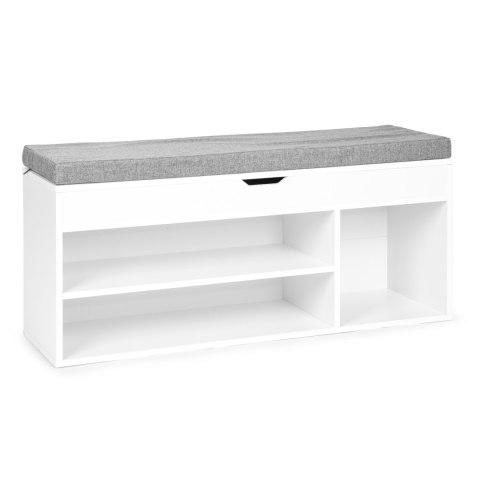 Szafka na buty z szarą poduszką i otwieranym siedziskiem 3 półki biała ModernHome Szafka na buty z szarą poduszką i otwieranym siedziskiem 3 półki biała ModernHome
