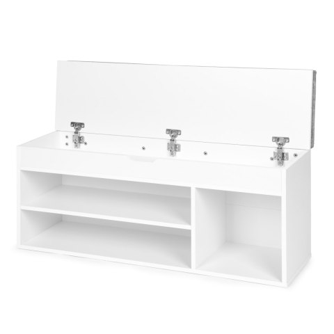 Szafka na buty z szarą poduszką i otwieranym siedziskiem 3 półki biała ModernHome Szafka na buty z szarą poduszką i otwieranym siedziskiem 3 półki biała ModernHome