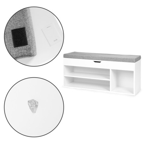 Szafka na buty z szarą poduszką i otwieranym siedziskiem 3 półki biała ModernHome Szafka na buty z szarą poduszką i otwieranym siedziskiem 3 półki biała ModernHome