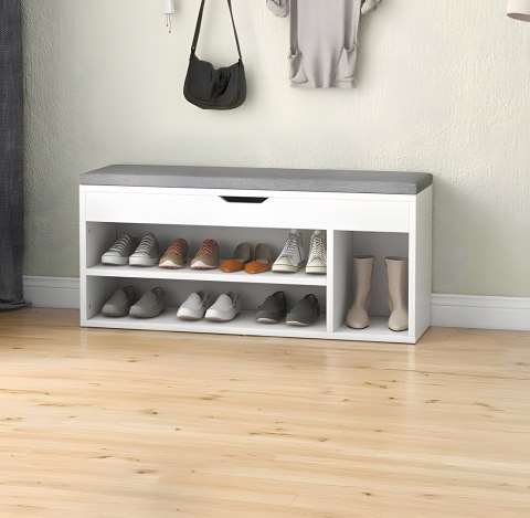Szafka na buty z szarą poduszką i otwieranym siedziskiem 3 półki biała ModernHome Szafka na buty z szarą poduszką i otwieranym siedziskiem 3 półki biała ModernHome