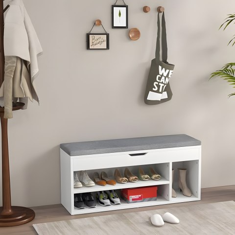 Szafka na buty z szarą poduszką i otwieranym siedziskiem 3 półki biała ModernHome Szafka na buty z szarą poduszką i otwieranym siedziskiem 3 półki biała ModernHome