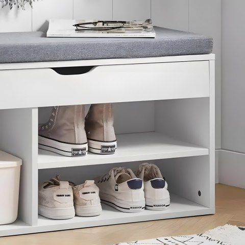 Szafka na buty z szarą poduszką i otwieranym siedziskiem 3 półki biała ModernHome Szafka na buty z szarą poduszką i otwieranym siedziskiem 3 półki biała ModernHome